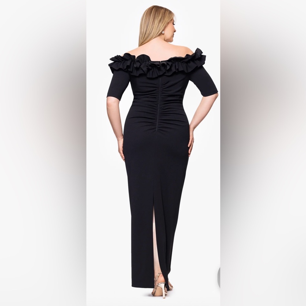 NWT Dillards Xscape Ruffle Navy Off-Shoulder Maxi Dress Gown size 12 - Picture 10 of 11